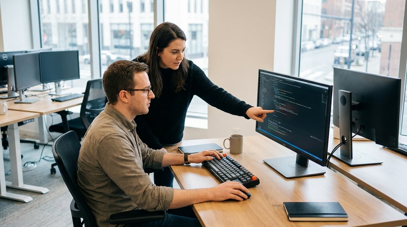 Two security engineers in an office environment collaborating over a piece of code displayed on a computer monitor.