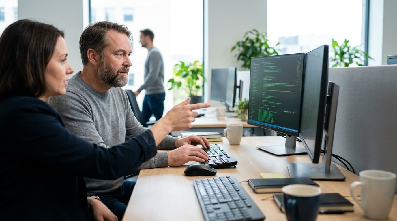 Two security engineers in an office environment collaborating over a piece of code displayed on a computer monitor.