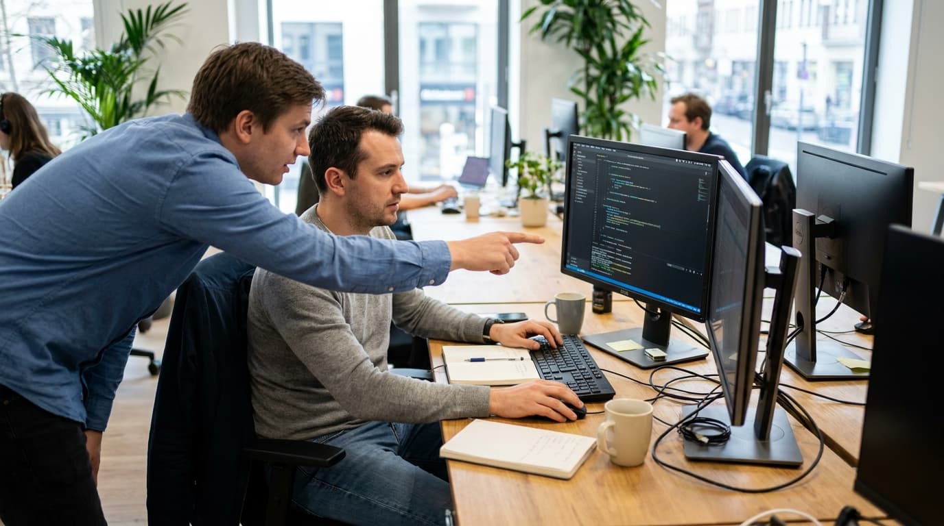 Two security engineers in an office environment collaborating over a piece of code displayed on a computer monitor.