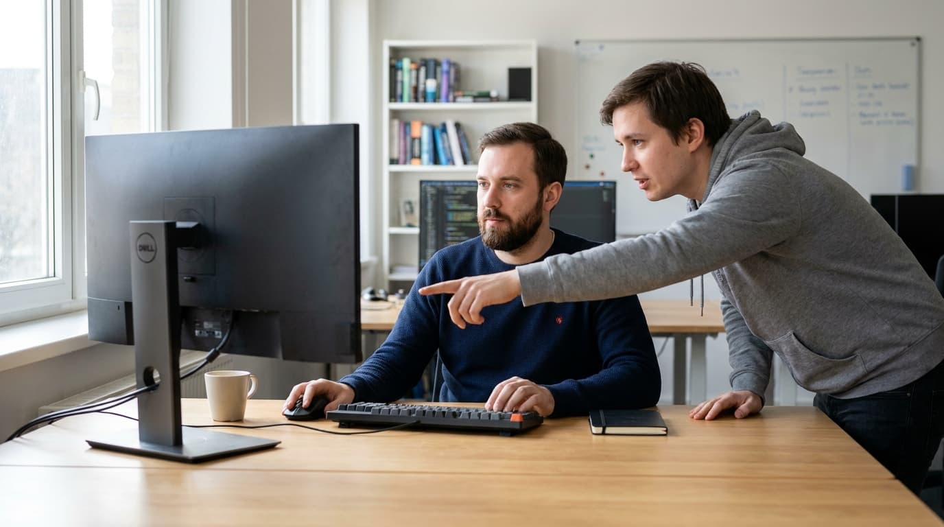 Two security engineers in an office environment collaborating over a piece of code displayed on a computer monitor.
