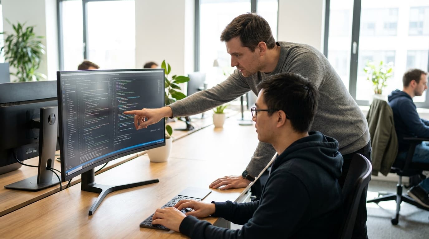 Two security engineers in an office environment collaborating over a piece of code displayed on a computer monitor.