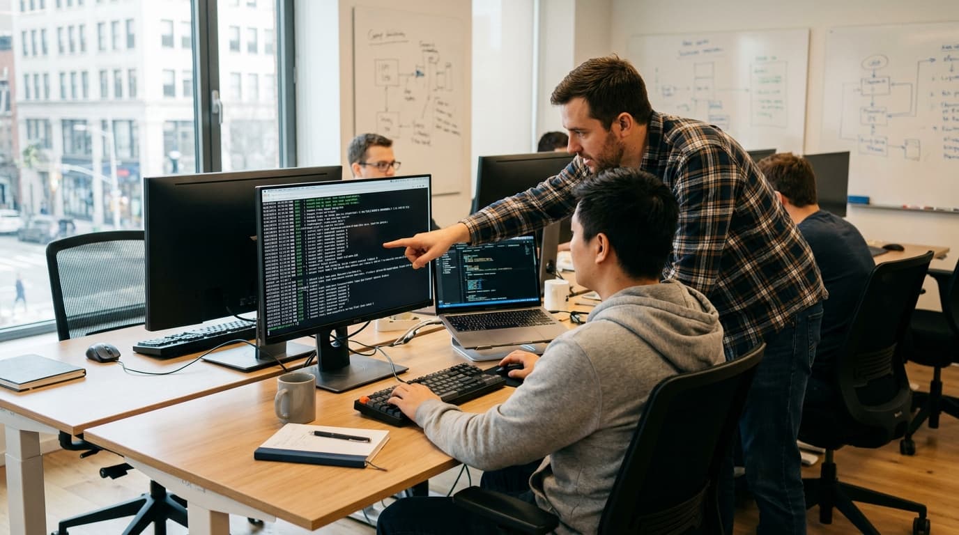Two security engineers in an office environment collaborating over a piece of code displayed on a computer monitor.