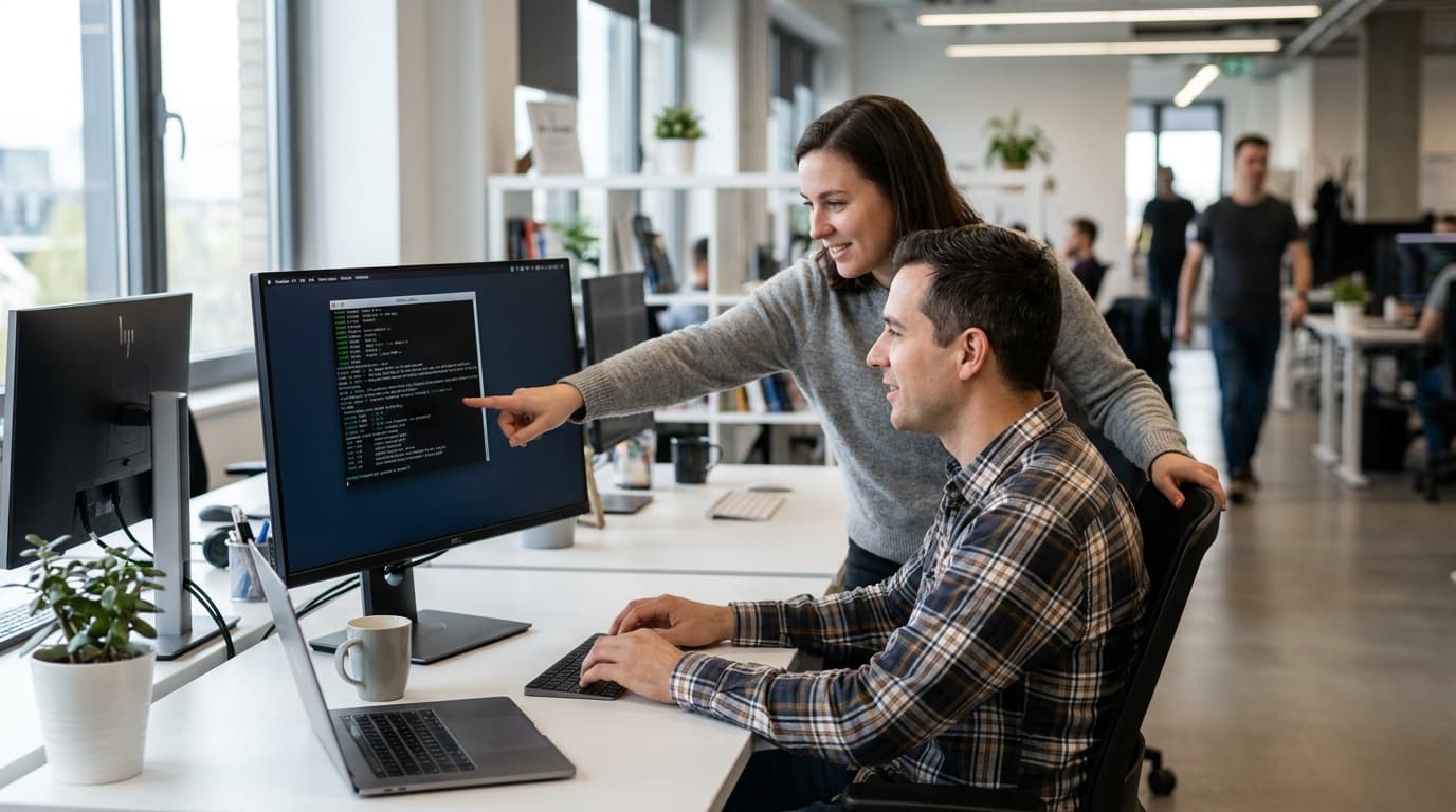 Two security engineers in an office environment collaborating over a piece of code displayed on a computer monitor.