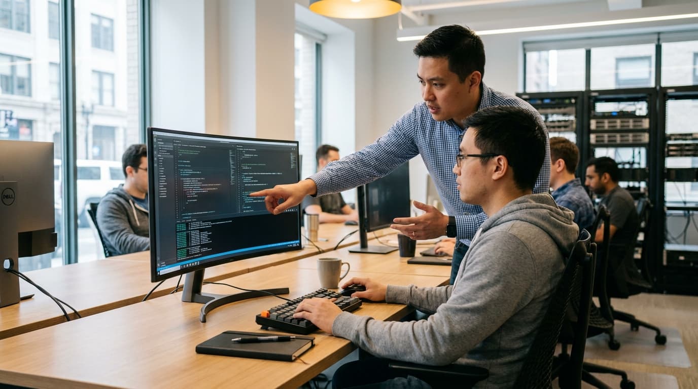Two security engineers in an office environment collaborating over a piece of code displayed on a computer monitor.