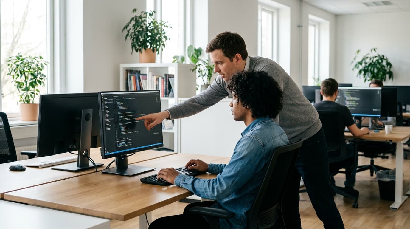 Two security engineers in an office environment collaborating over a piece of code displayed on a computer monitor.