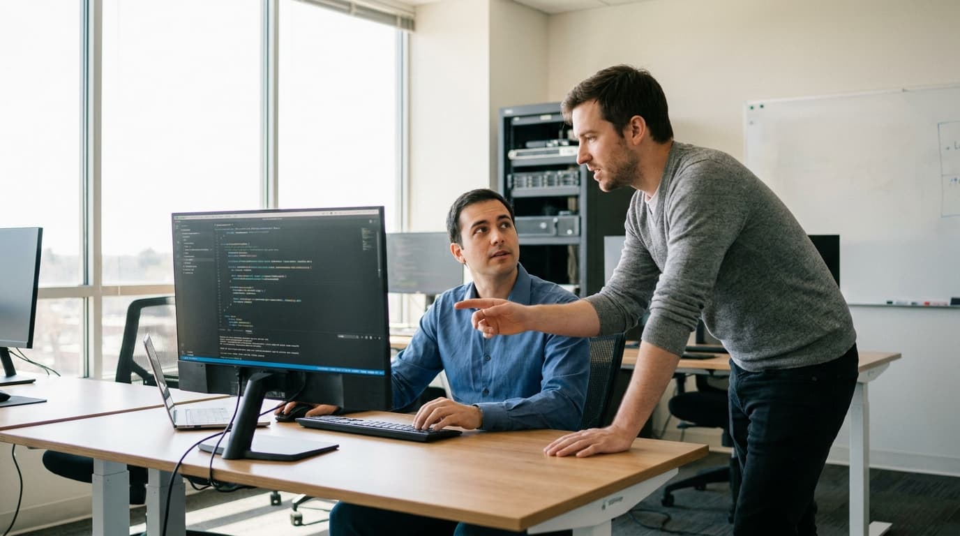 Two security engineers in an office environment collaborating over a piece of code displayed on a computer monitor.