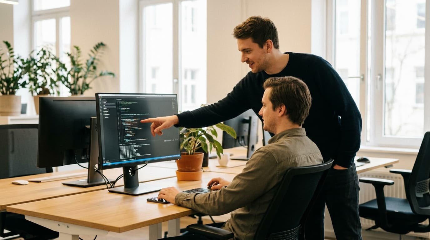 Two security engineers in an office environment collaborating over a piece of code displayed on a computer monitor.