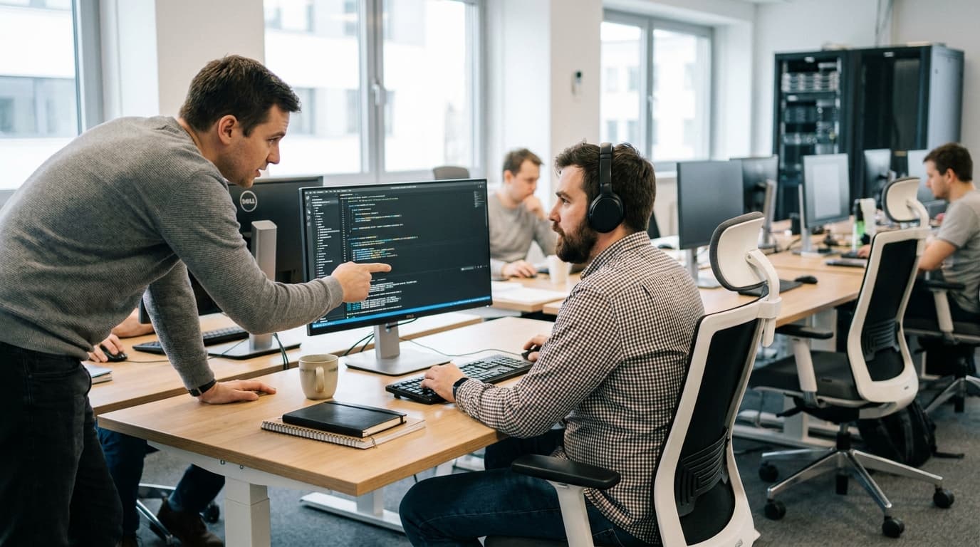 Two security engineers in an office environment collaborating over a piece of code displayed on a computer monitor.