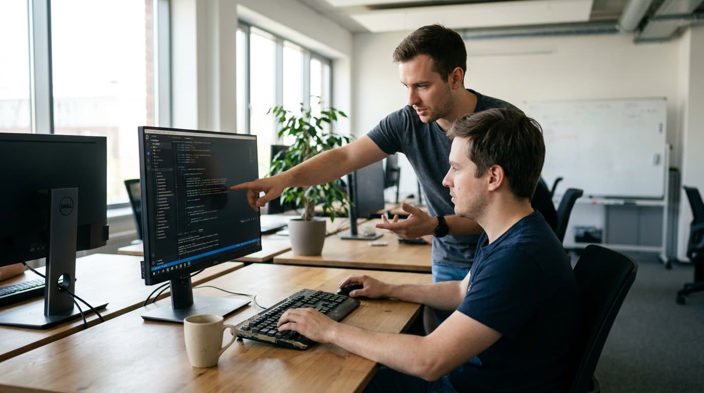 Two security engineers in an office environment collaborating over a piece of code displayed on a computer monitor.