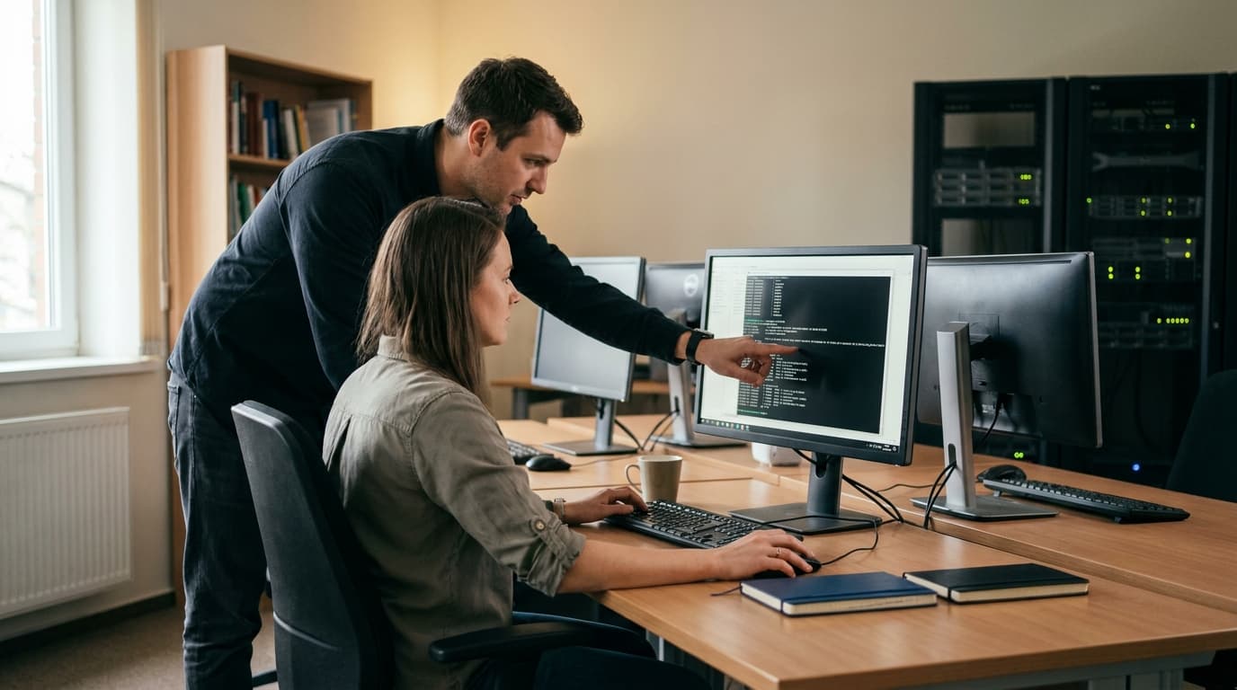 Two security engineers in an office environment collaborating over a piece of code displayed on a computer monitor.