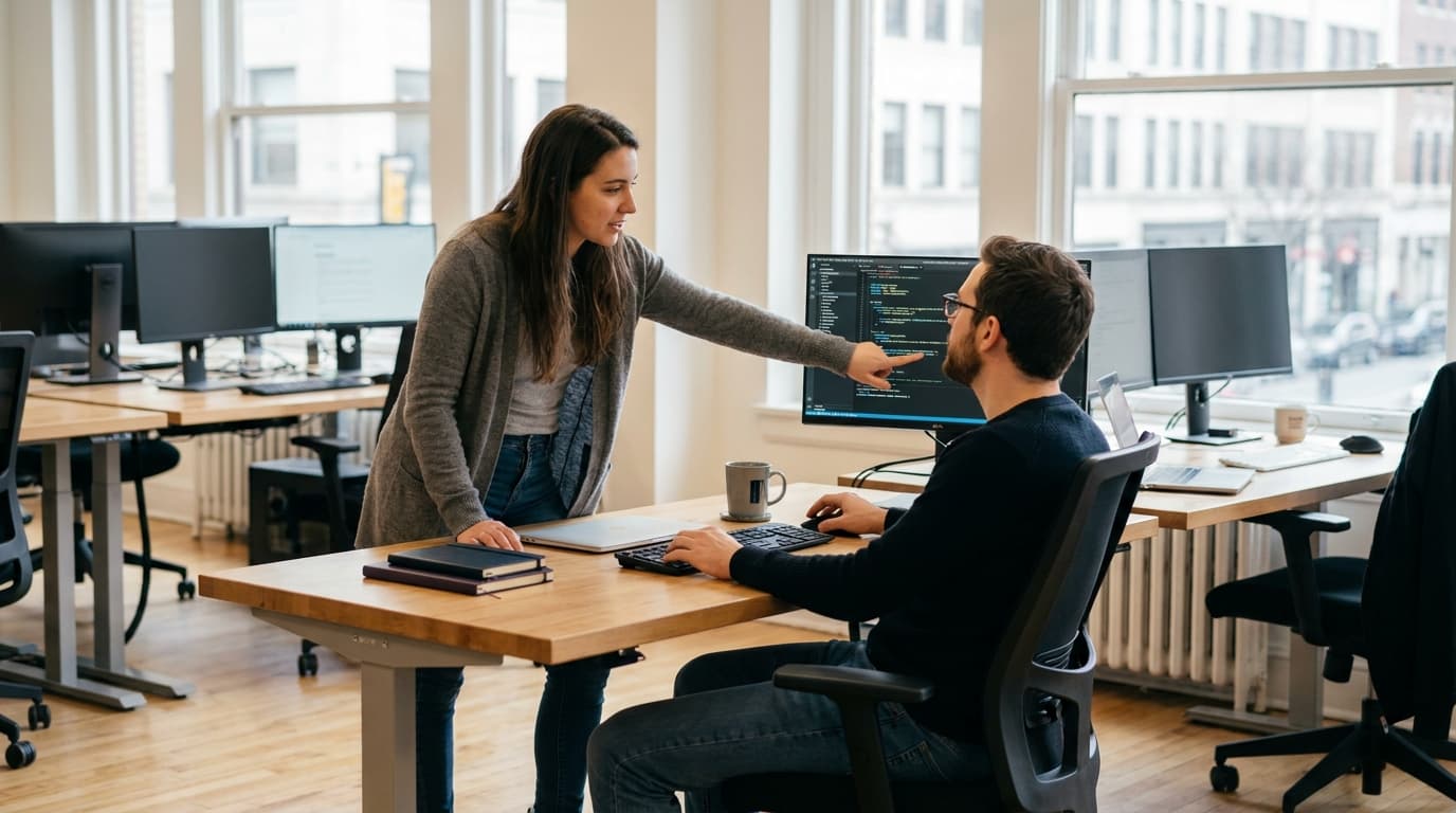 Two security engineers in an office environment collaborating over a piece of code displayed on a computer monitor.
