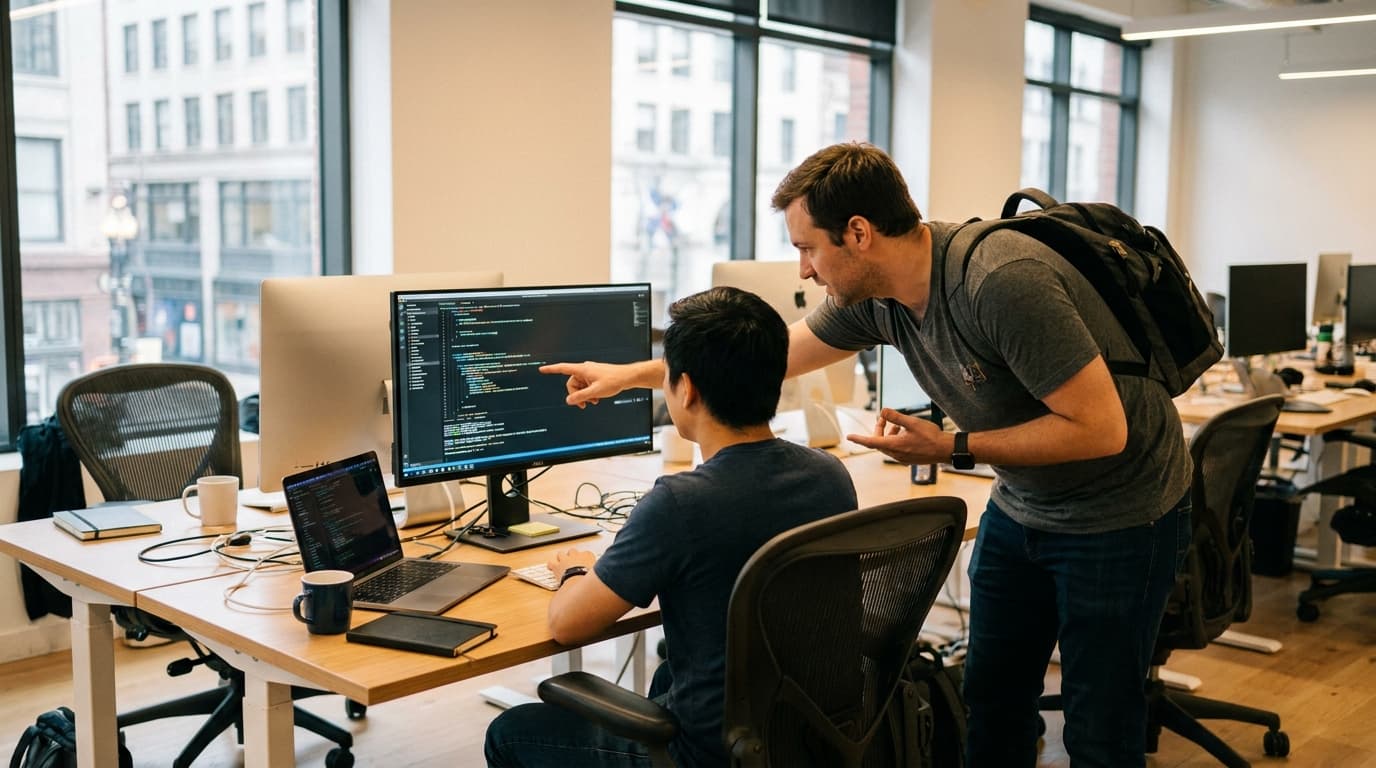 Two security engineers in an office environment collaborating over a piece of code displayed on a computer monitor.