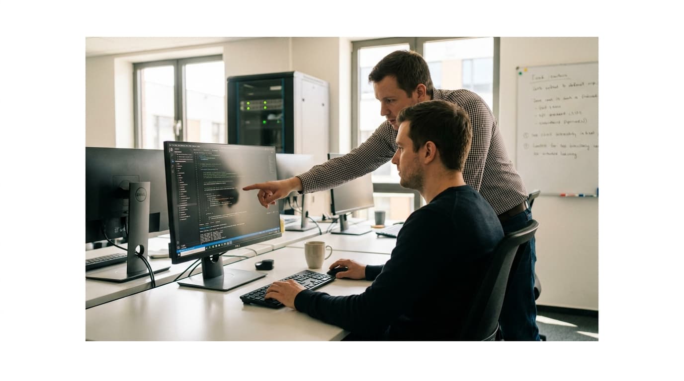 Two security engineers in an office environment collaborating over a piece of code displayed on a computer monitor.