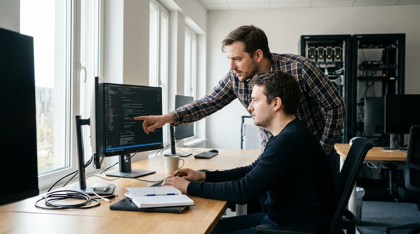 Two security engineers in an office environment collaborating over a piece of code displayed on a computer monitor.