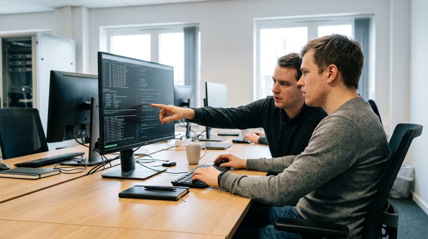 Two security engineers in an office environment collaborating over a piece of code displayed on a computer monitor.