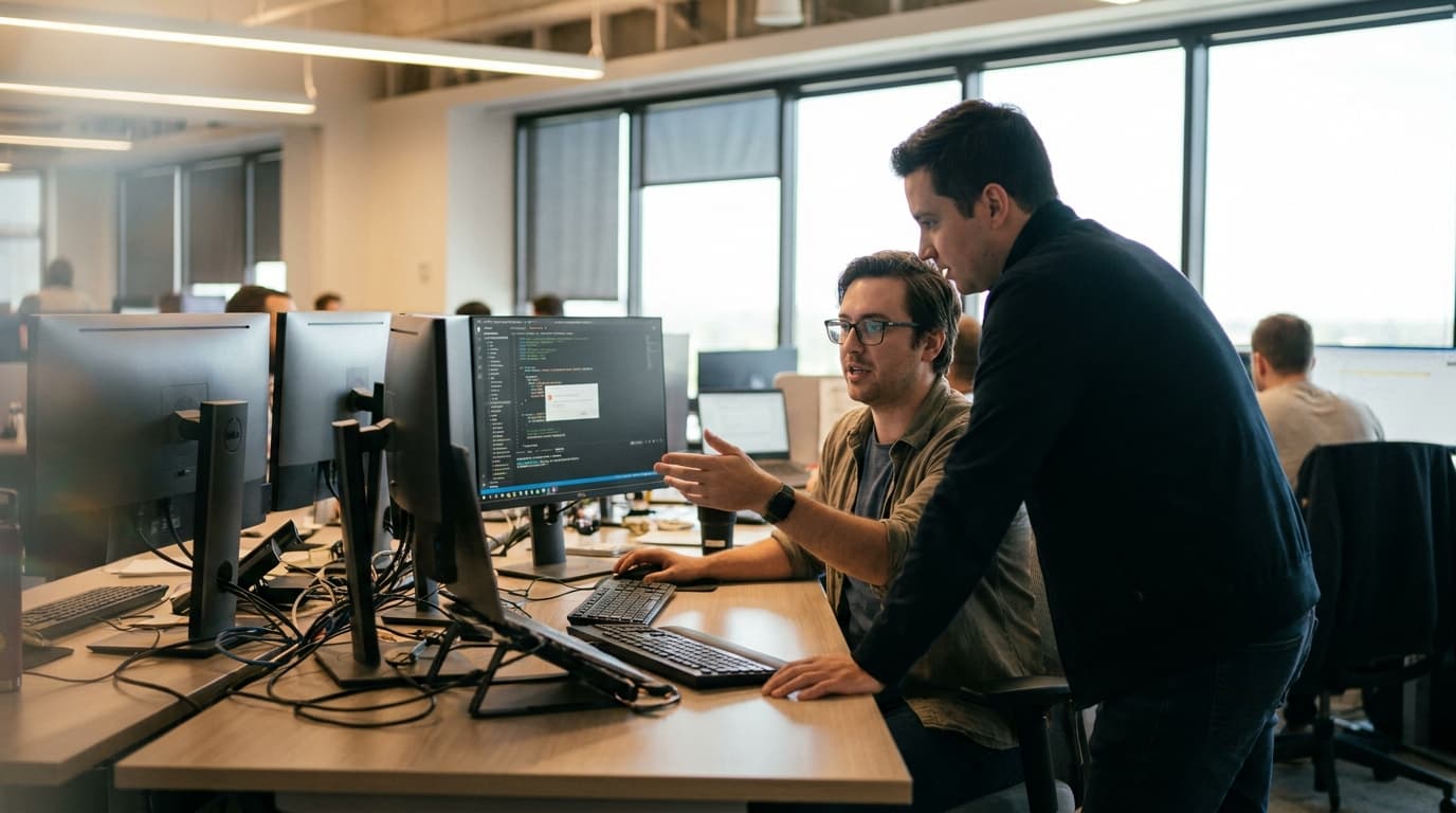 A security analyst in an office reviews data on a computer monitor while collaborating with a coworker.