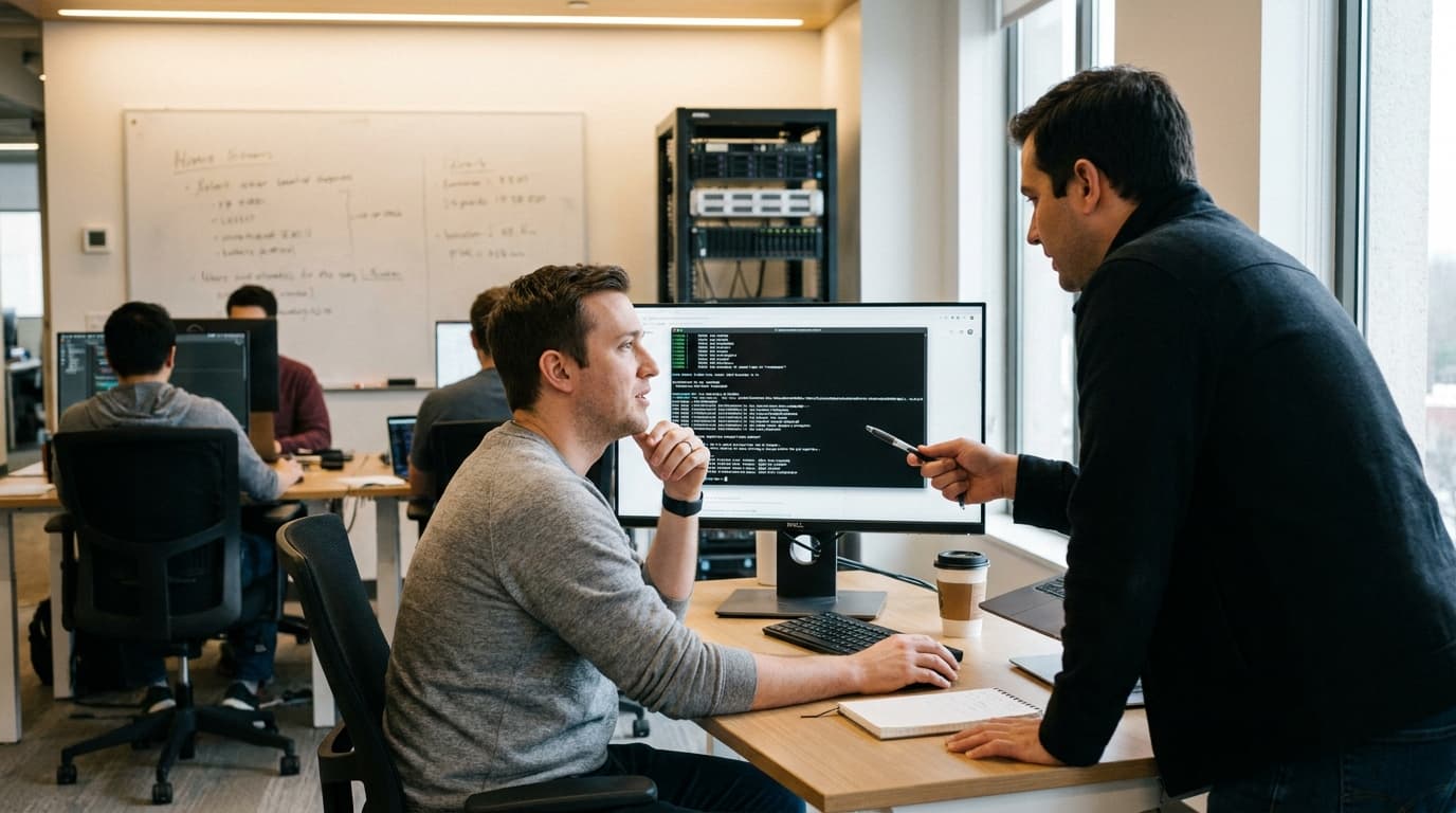 Two security engineers in an office environment collaborating over a piece of code displayed on a computer monitor.