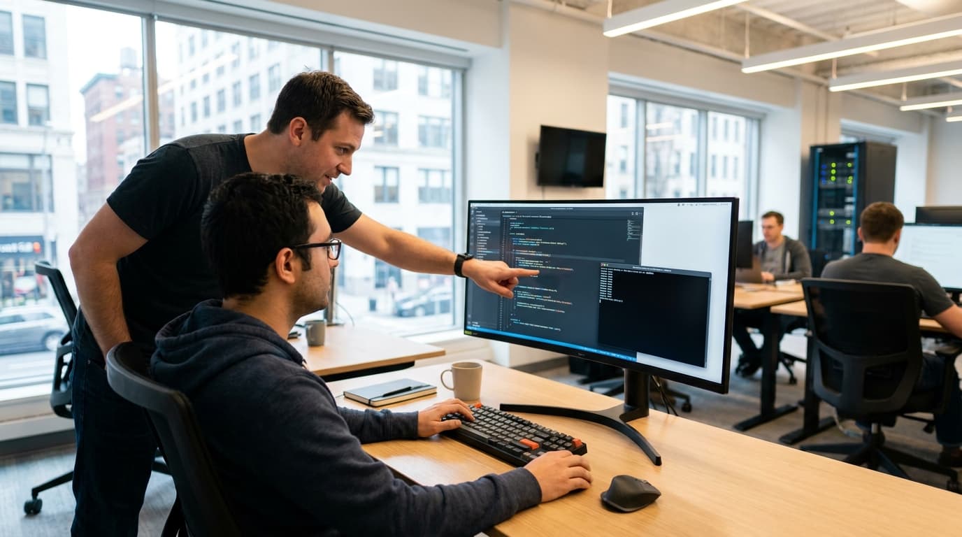 Two security engineers in an office environment collaborating over a piece of code displayed on a computer monitor.
