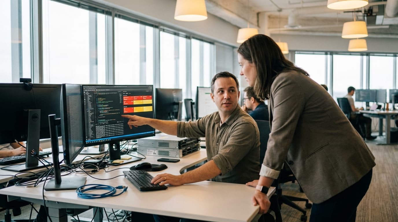 A security analyst in an office reviews data on a computer monitor while collaborating with a coworker.