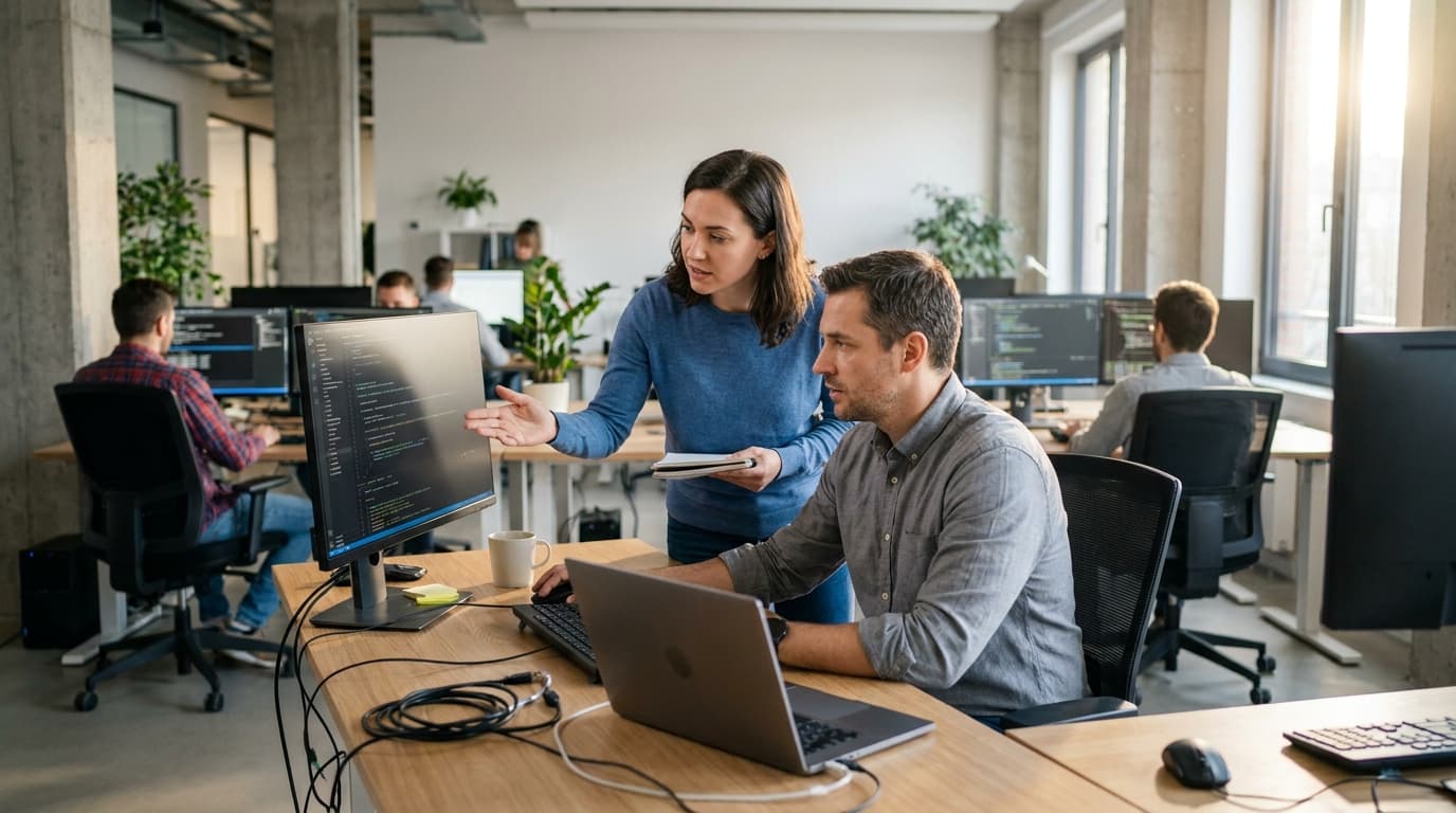 Two security engineers in an office environment collaborating over a piece of code displayed on a computer monitor.