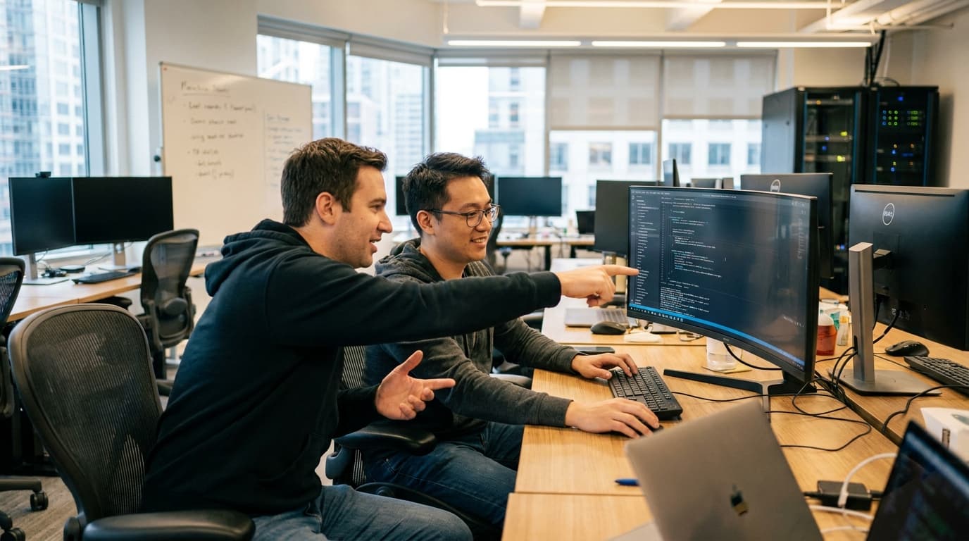 Two security engineers in an office environment collaborating over a piece of code displayed on a computer monitor.