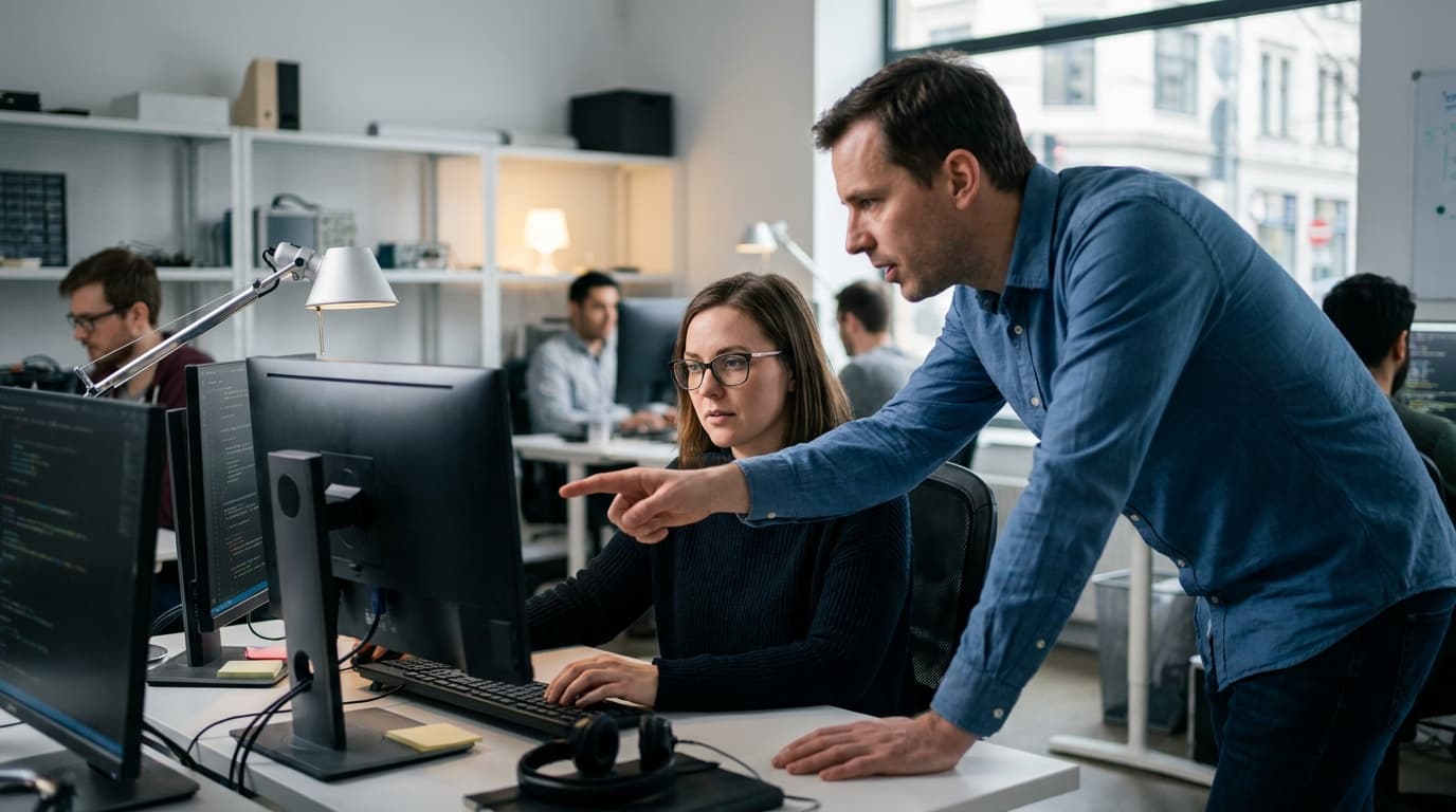 Two security engineers in an office environment collaborating over a piece of code displayed on a computer monitor.