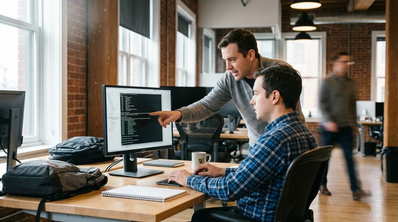 Two security engineers in an office environment collaborating over a piece of code displayed on a computer monitor.