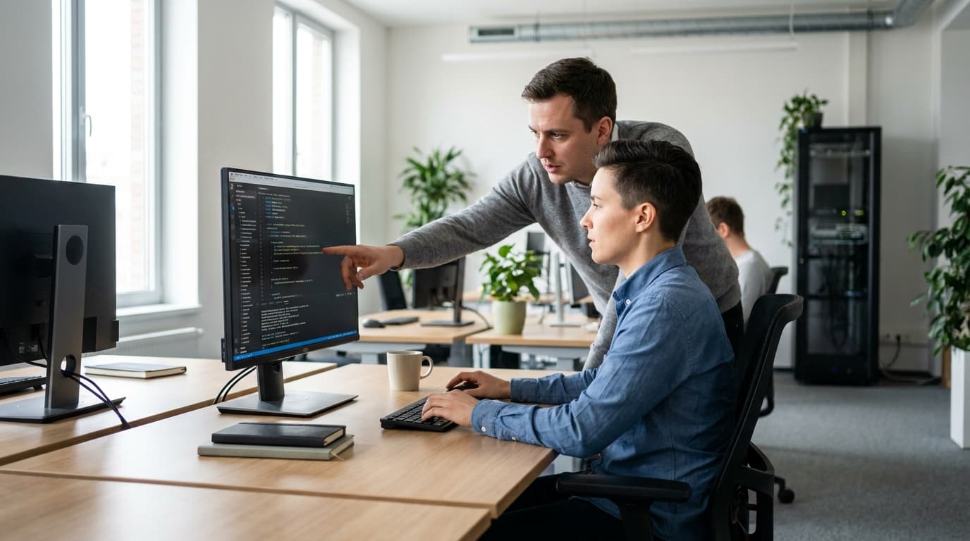 Two security engineers in an office environment collaborating over a piece of code displayed on a computer monitor.