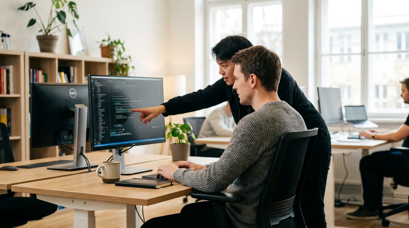 Two security engineers in an office environment collaborating over a piece of code displayed on a computer monitor.