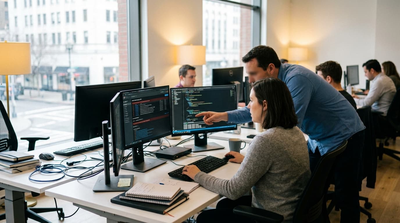 Two security professionals in an office analyzing data on a computer screen showing security alerts and code.