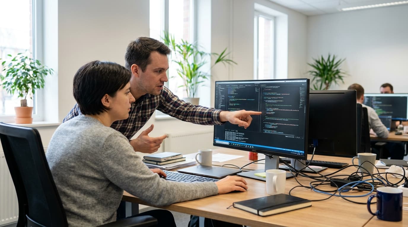 Two security engineers in an office environment collaborating over a piece of code displayed on a computer monitor.