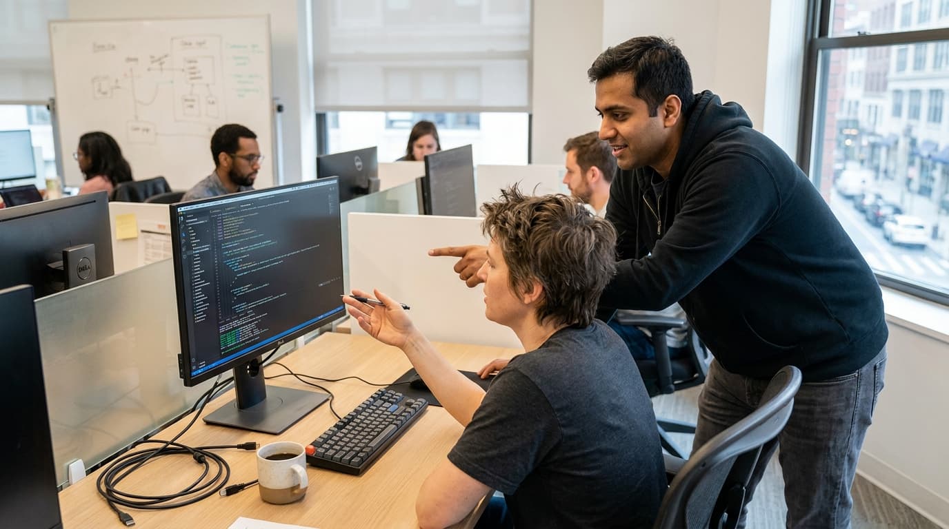 Two security engineers in an office environment collaborating over a piece of code displayed on a computer monitor.