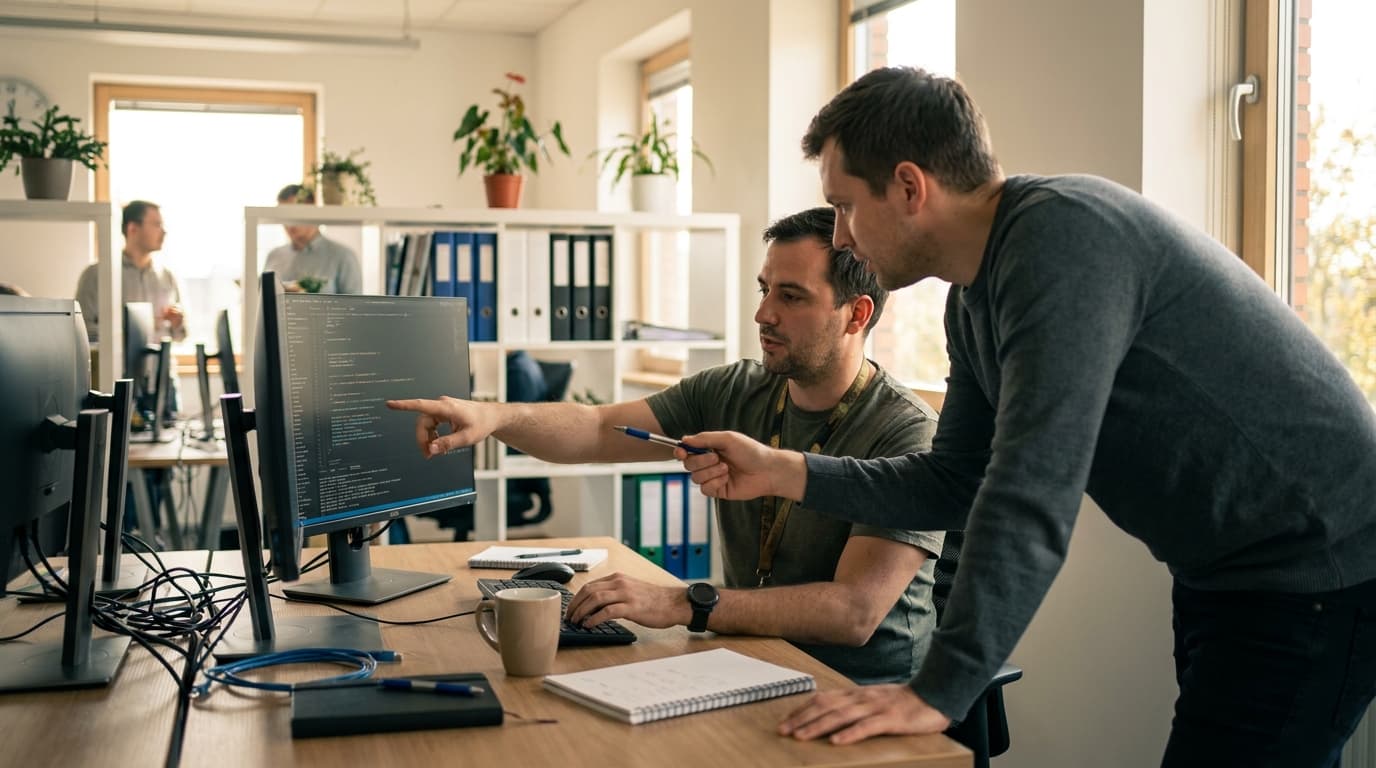 Two security engineers in an office environment collaborating over a piece of code displayed on a computer monitor.