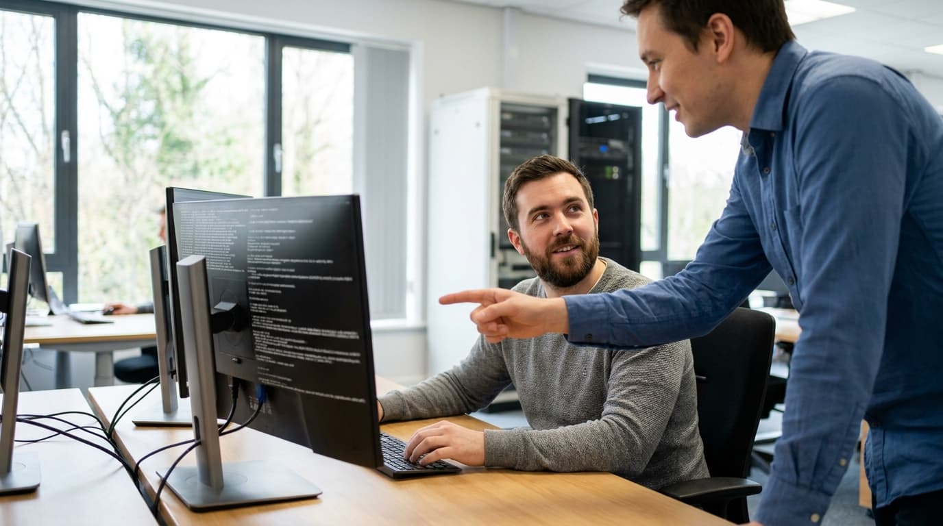 Two security engineers in an office environment collaborating over a piece of code displayed on a computer monitor.