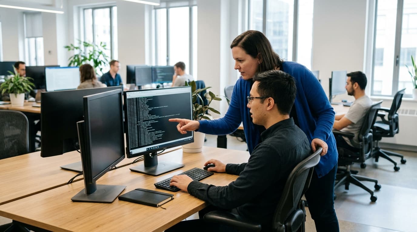 Two security engineers in an office environment collaborating over a piece of code displayed on a computer monitor.