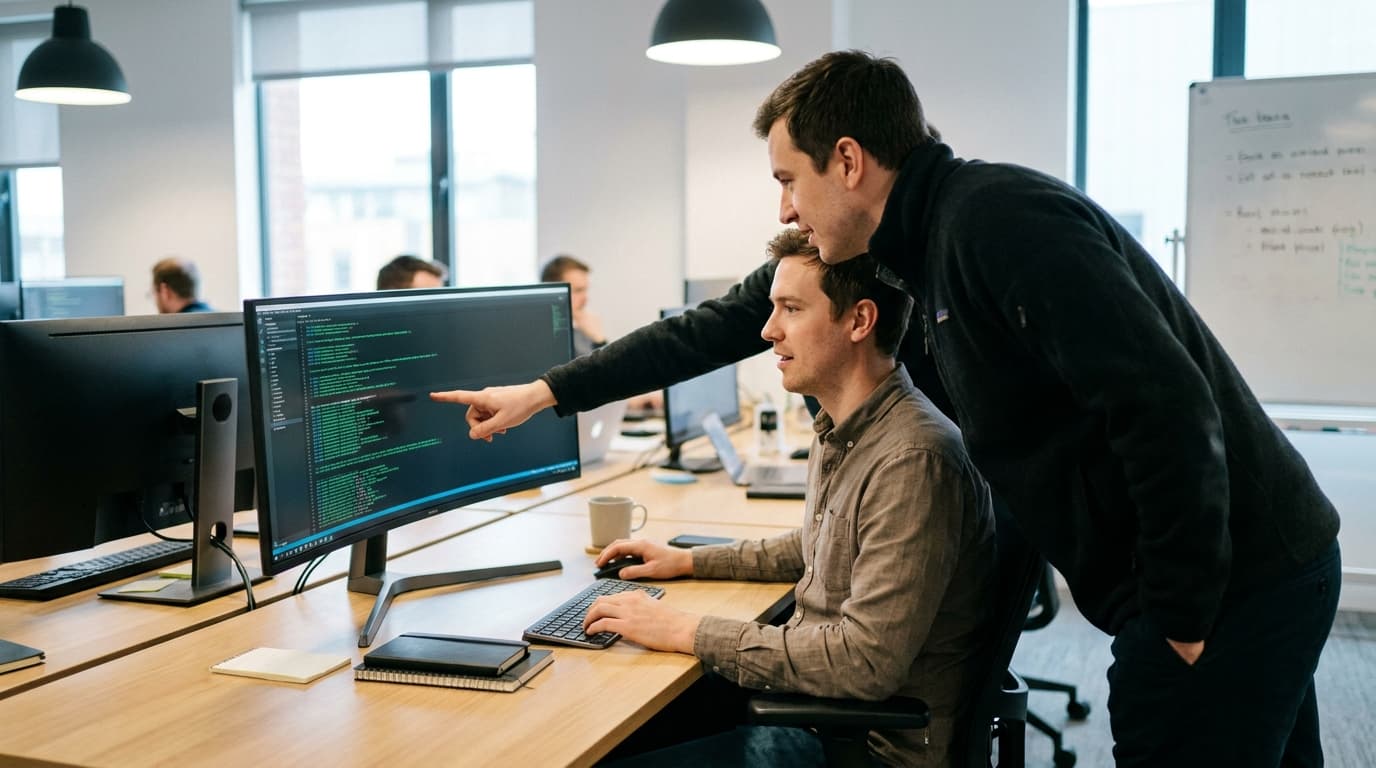 Two security engineers in an office environment collaborating over a piece of code displayed on a computer monitor.