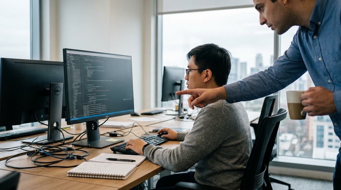 Two security engineers in an office environment collaborating over a piece of code displayed on a computer monitor.