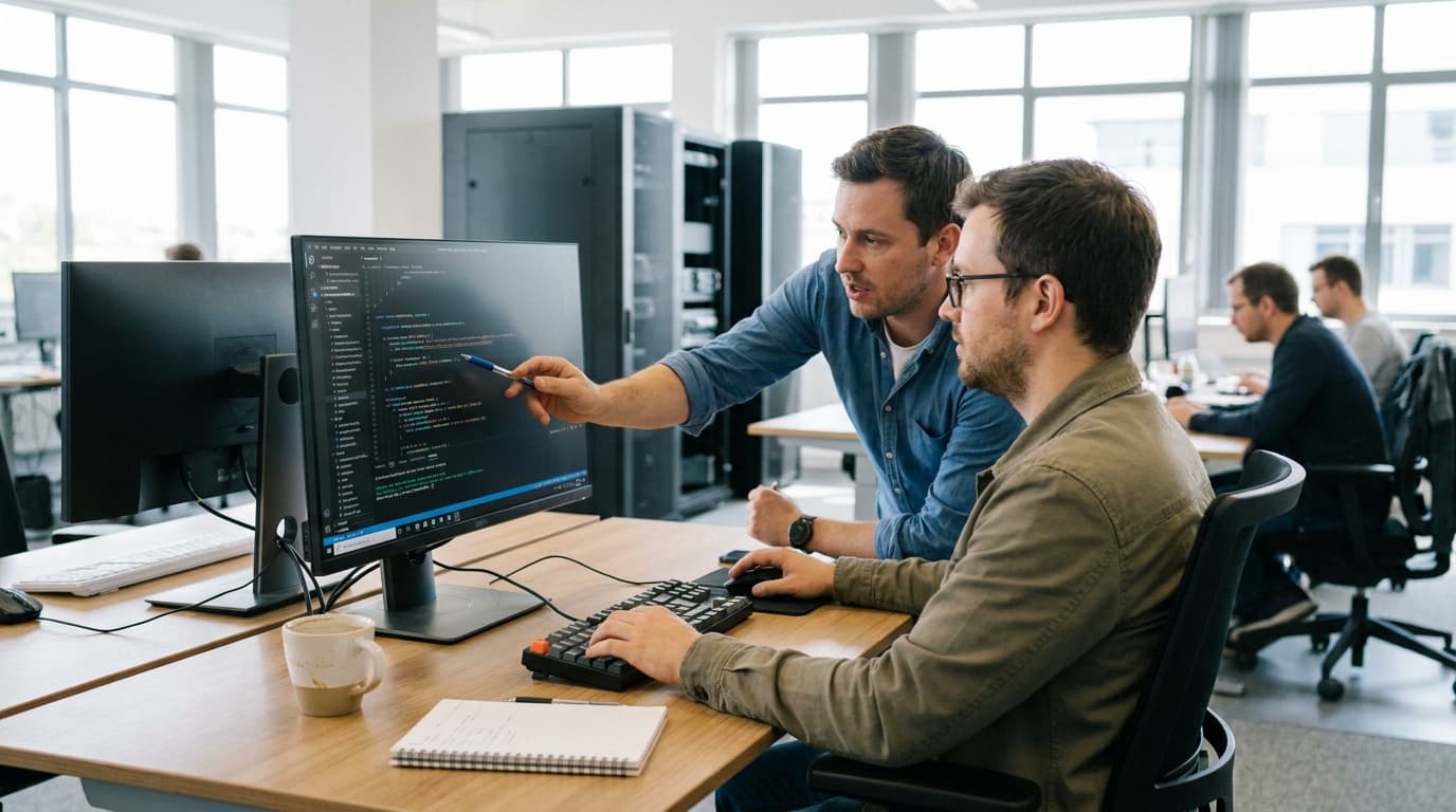 Two security engineers in an office environment collaborating over a piece of code displayed on a computer monitor.