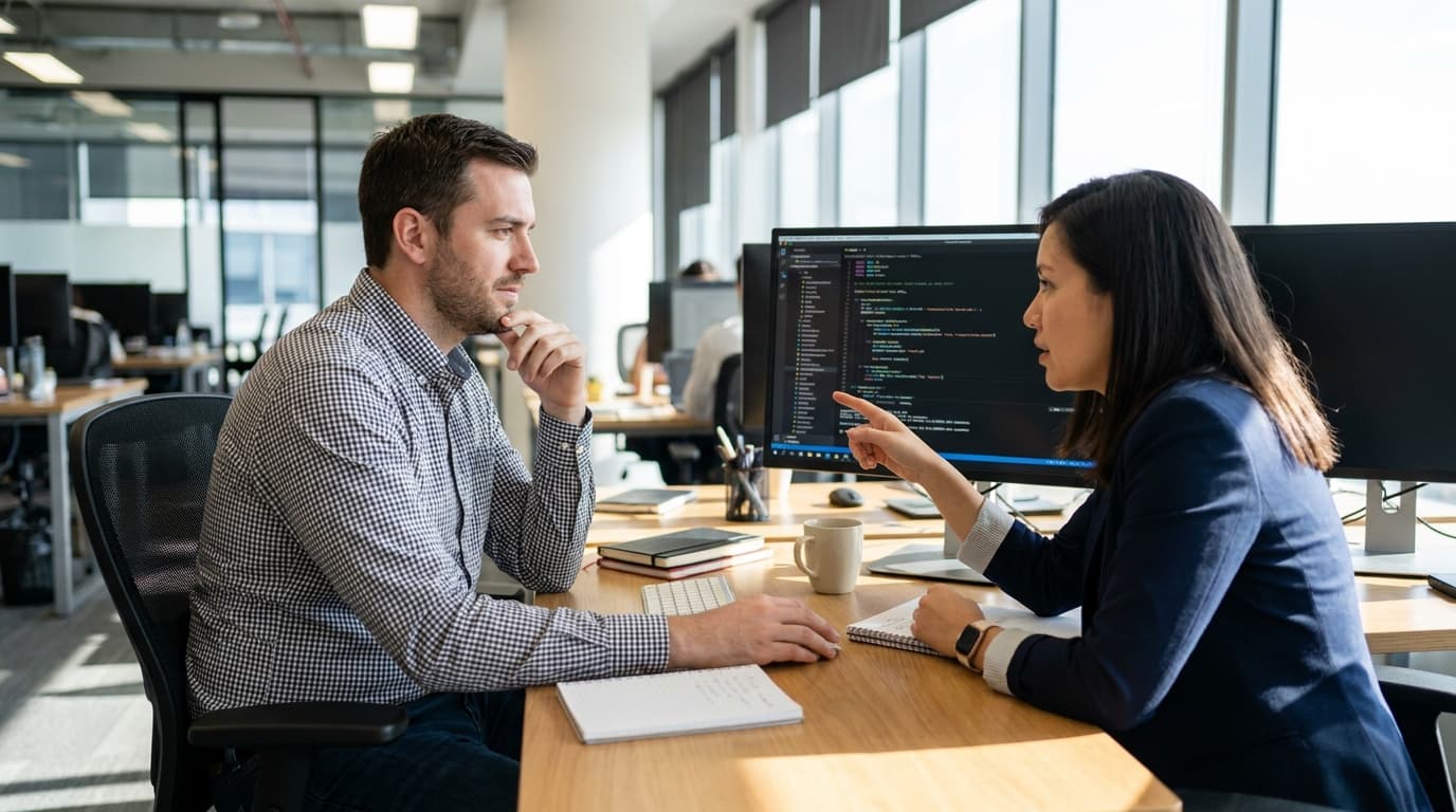 Two security engineers in an office environment collaborating over a piece of code displayed on a computer monitor.