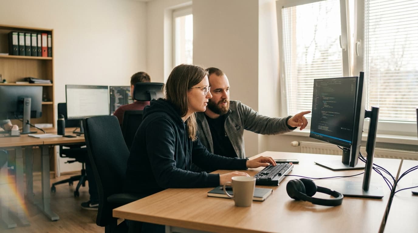 Two security engineers in an office environment collaborating over a piece of code displayed on a computer monitor.