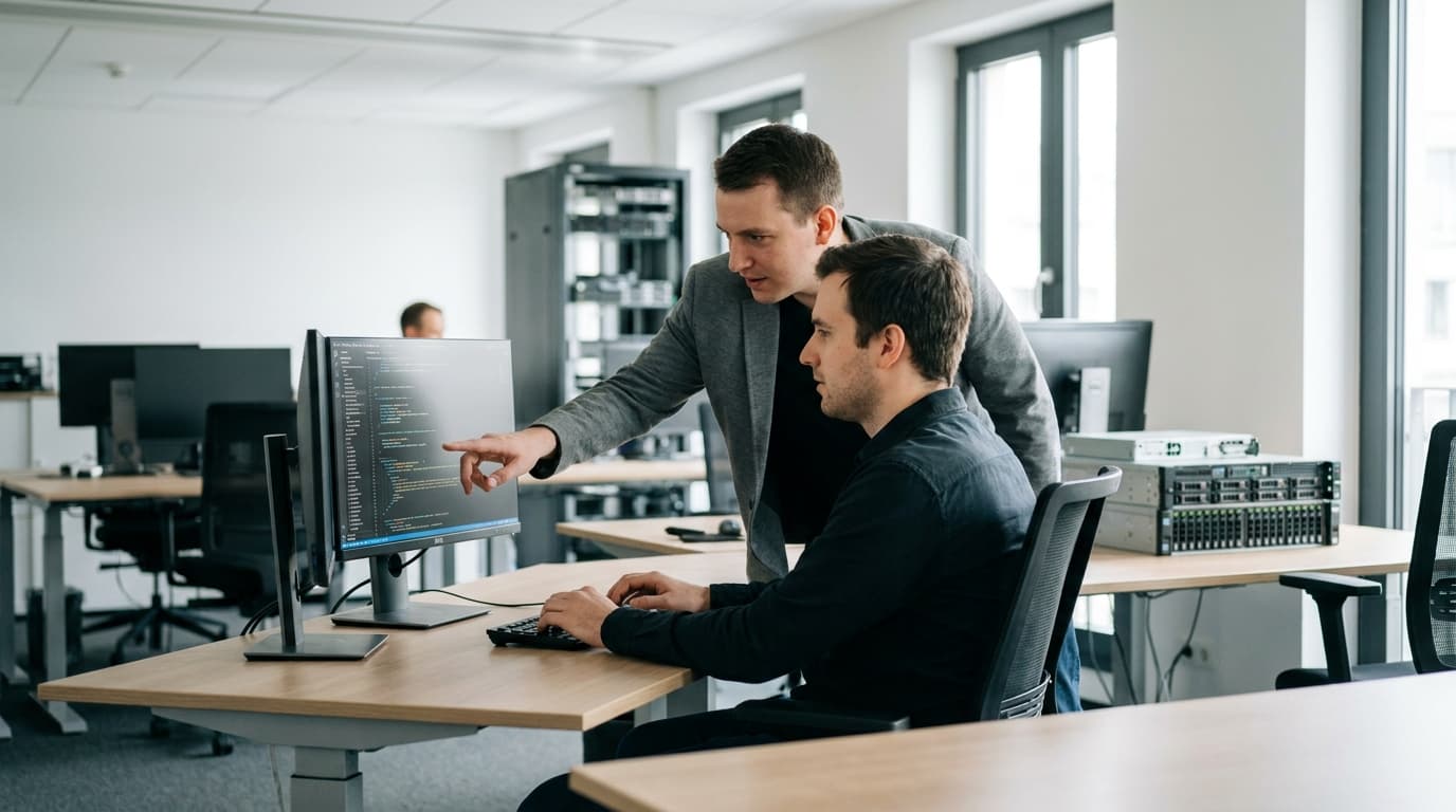 Two security engineers in an office environment collaborating over a piece of code displayed on a computer monitor.