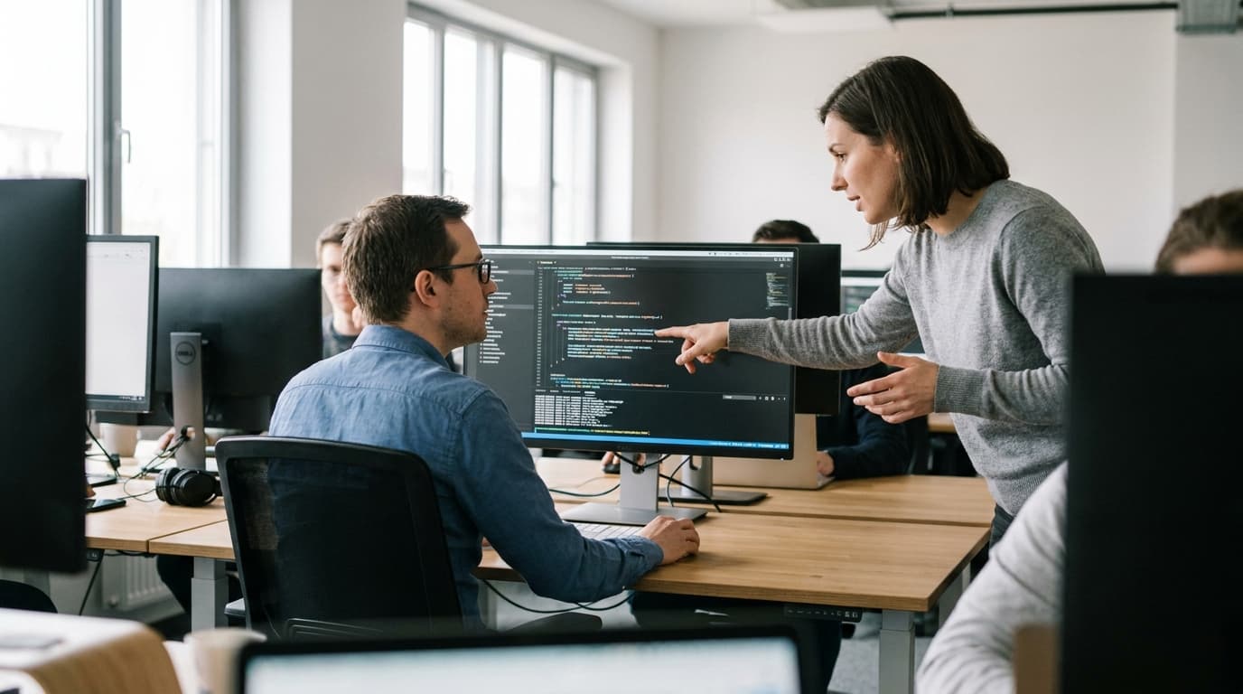Two security engineers in an office environment collaborating over a piece of code displayed on a computer monitor.