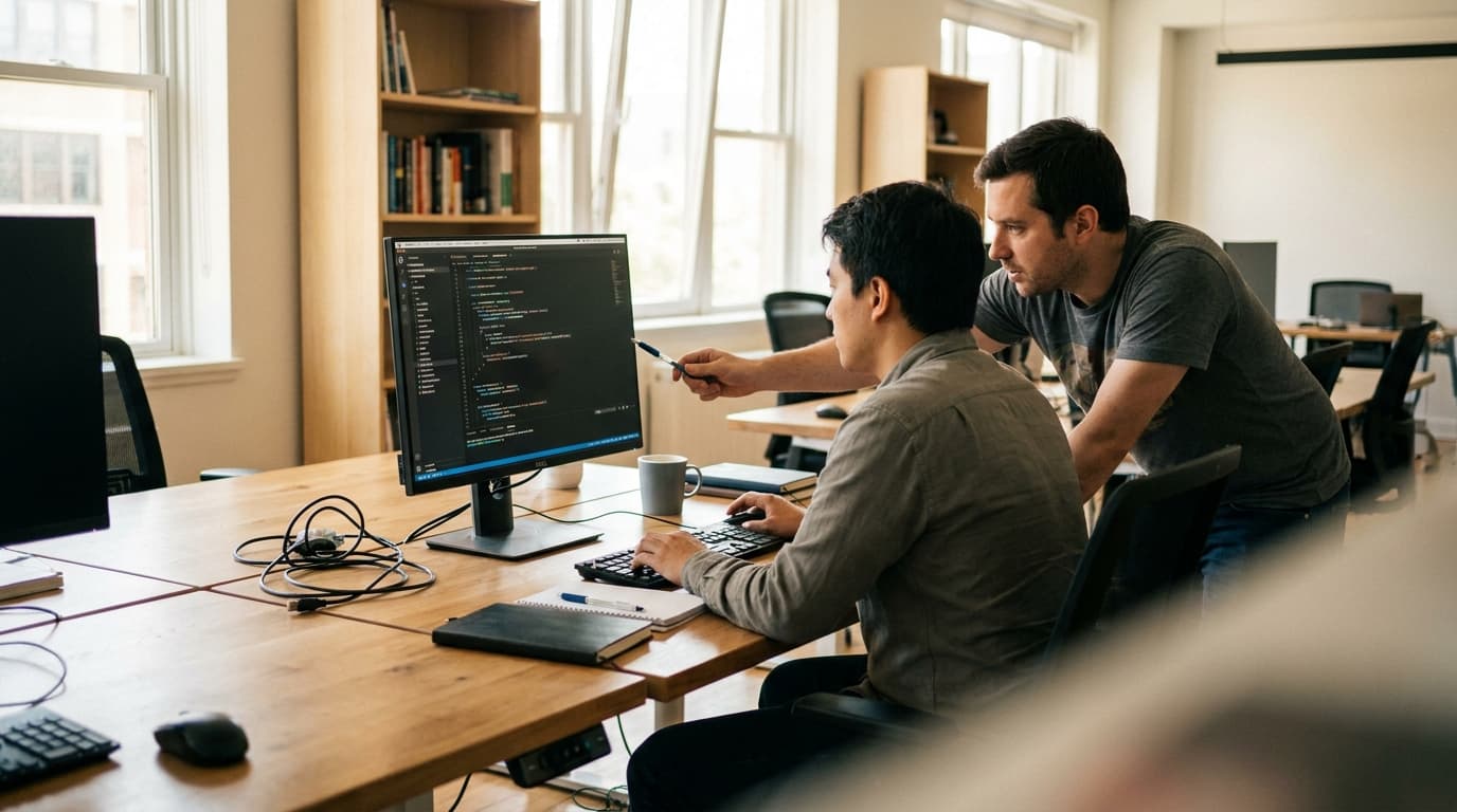 Two security engineers in an office environment collaborating over a piece of code displayed on a computer monitor.