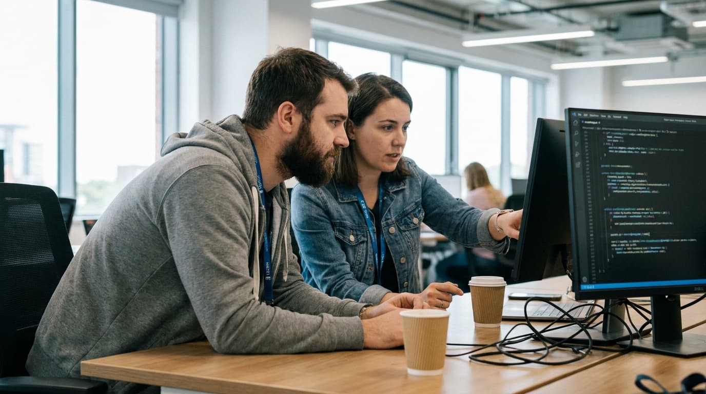 Two security engineers in an office environment collaborating over a piece of code displayed on a computer monitor.