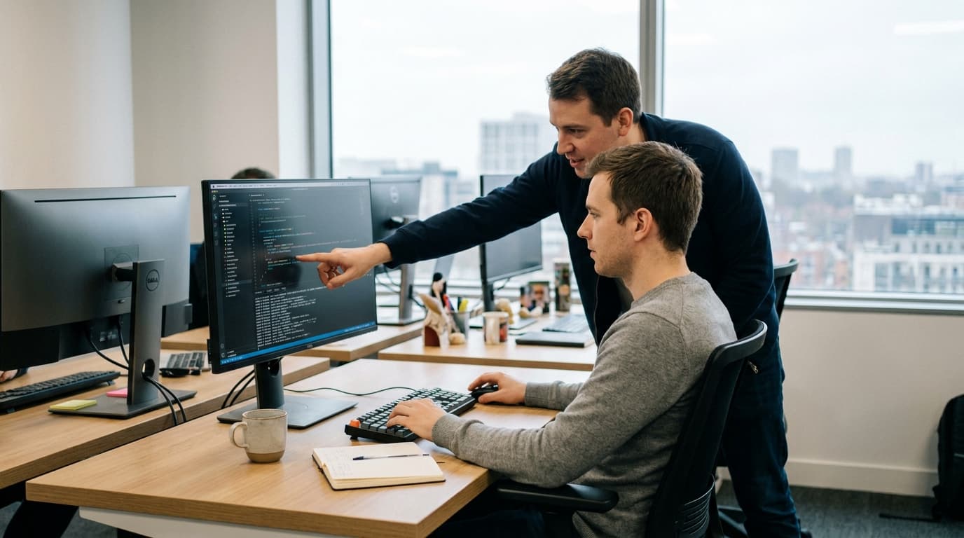 Two security engineers in an office environment collaborating over a piece of code displayed on a computer monitor.