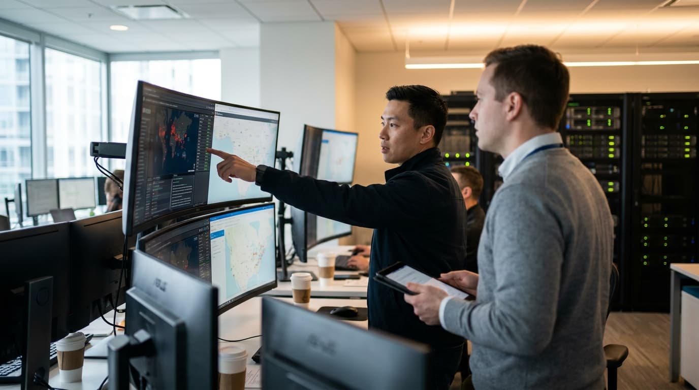 Two security professionals in an operations center analyze data on a large screen, discussing a security alert.