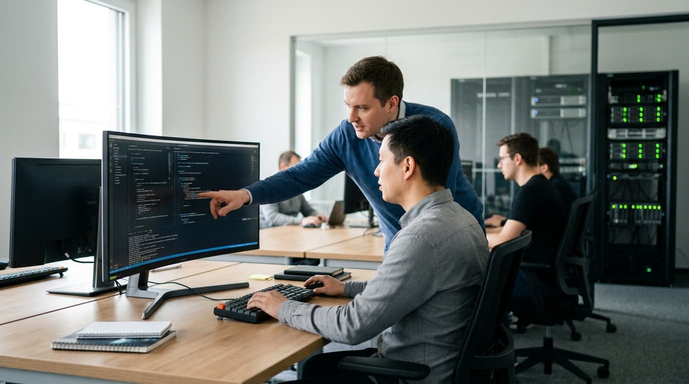 Two security engineers in an office environment collaborating over a piece of code displayed on a computer monitor.