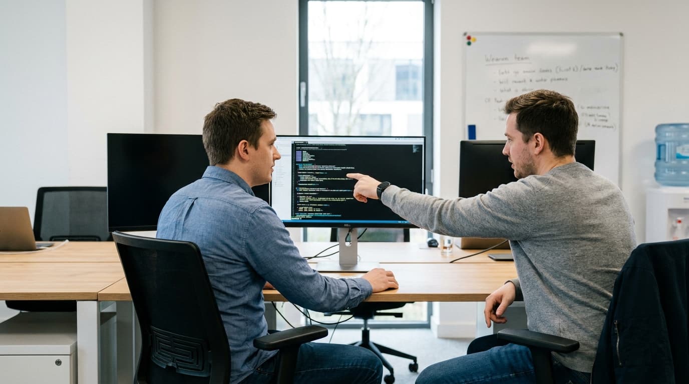 Two security engineers in an office environment collaborating over a piece of code displayed on a computer monitor.