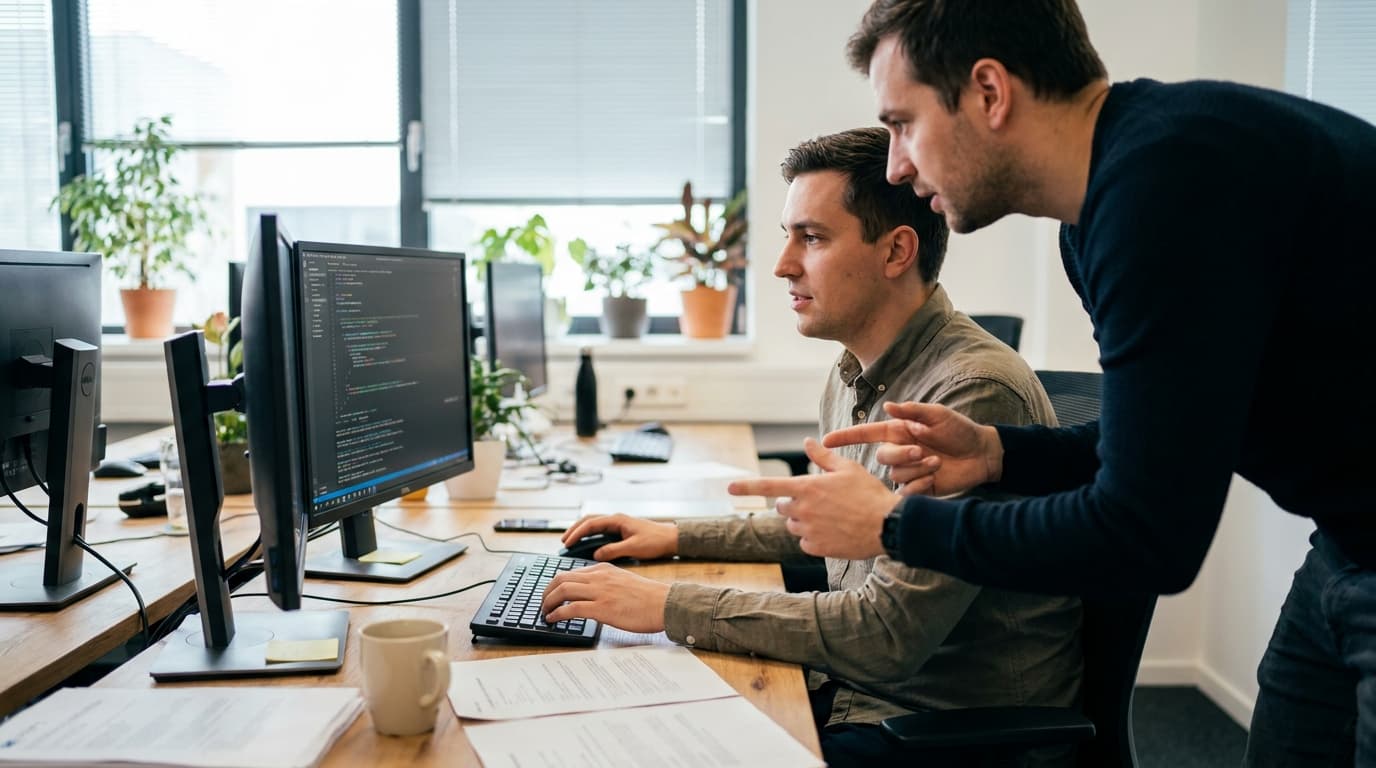 Two security engineers in an office environment collaborating over a piece of code displayed on a computer monitor.