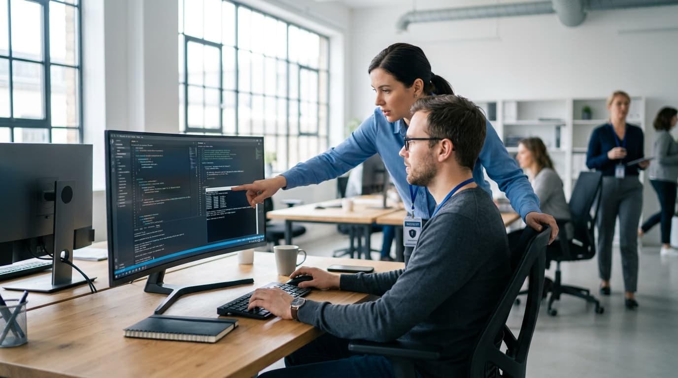 Two security engineers in an office environment collaborating over a piece of code displayed on a computer monitor.